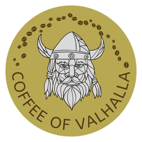 Coffee of Valhalla, Viking with coffee beans and text 